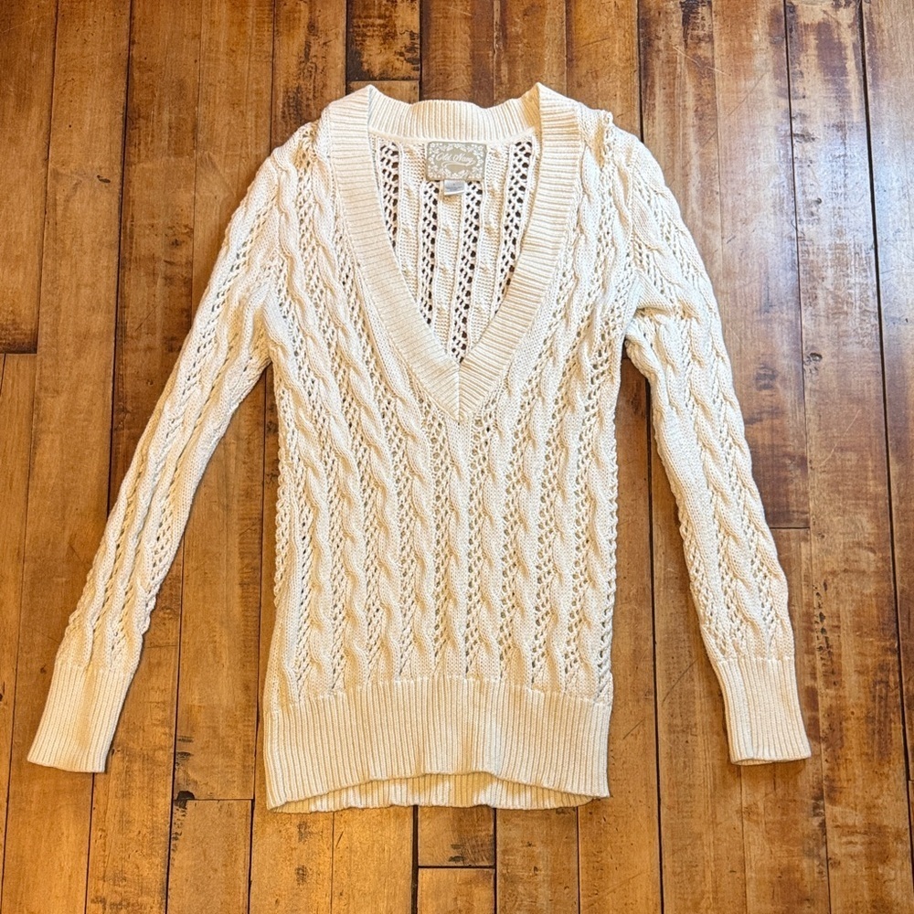 Vintage Old Navy Cream V-Neck Cable knit Sweater Large cotton vintage